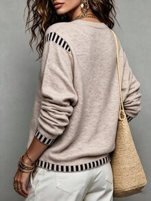 SHEIN LUNE 秋冬新款休閒優雅杏色圓領長袖黑色對比飾邊女款針織套頭毛衣，適合日常通勤辦公室穿搭 - 杏色 - 查看 2