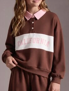 SHEIN 青少年女孩 2 件套棕色運動衫套裝，棕色與白色拼接，粉色字母圖案，學院風領口長袖套頭運動衫，厚實保暖舒適，搭配休閒寬鬆直筒長褲，適合運動、休閒、上學、通勤、瑜伽、訓練、聖誕節、萬聖節 - 棕色 - 查看 5