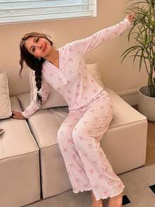 SHEIN Teen Girl Bow Print Long Sleeve Top And Pants Loungewear - Multicolor - View 4