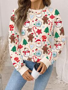 EMERY ROSE Women's Thick Santa Claus & Gingerbread Man Print Crew Neck Long Sleeve Sweatshirt Sweatshirt - White - View 8