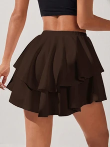 SHEIN PETITE 高腰層次下擺荷葉邊裙 - 咖啡棕 - 查看 2