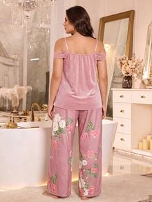 MuseNap CURVE Plus Size Asymmetrical Shoulder Spaghetti Strap Lace Top & Printed Long Pants Loose Loungewear Set For Women, Autumn/Winter - Multicolor - View 2