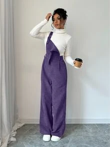 Elenzga Jumpsuit Tanpa Lengan dengan Tali Tebal Warna Polos untuk Wanita, Bahan Korduroi, Musim Gugur/Dingin - Purple - View 4