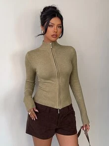 Aloruh Women's Casual Ribbed High Neck Zip-Up Long Sleeve Sweater Cardigan, Yellow, Suitable For Everyday Wear And Sports, Autumn/Winter - Khaki - View 3