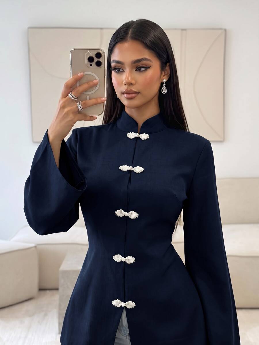 Veilorie Women's Solid Color Frog Button Design Long Sleeve Arabic Style Top - Navy Blue - View 1