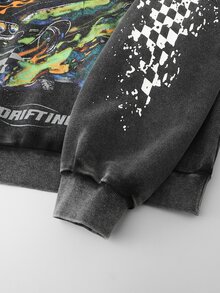 ROMWE MEN Men's Washed Distressed Printed Pattern Plus Size Hoodie - Black - View 4