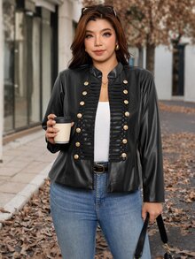Chikora Plus Size Women's PU Leather Long Sleeve Button Design Napoleon Jacket - Brown - View 4