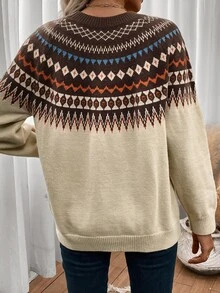 SHEIN LUNE 幾何圖案插肩袖毛衣，秋冬長袖上衣，休閒風 - 棕色 - 查看 2