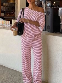 Siren Gaze Women's Striped Cold Shoulder Dropped Sleeve T-Shirt And Long Pants Casual Set - Pink - View 5