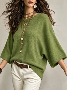 SHEIN 休閒寬鬆圓領 3/4 袖針織基本款蝙蝠袖設計綠色女款秋季針織上衣，秋季穿搭，外出上衣，基本款上衣，社交上衣 - 綠色 - 查看 4