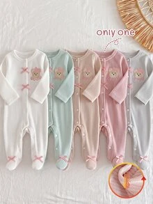 秋冬新生兒保暖內裡加厚絨毛可愛熊刺繡柔軟舒適粉色條紋長袖連身連腳家居服 - 粉色 - 查看 2