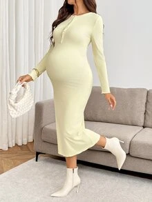 SHEIN Đầm bầu ôm dáng thanh lịch màu trơn, cổ tròn, tay dài, vạt trước cài nút nửa ngực, mùa thu - Màu vàng - Xem 7
