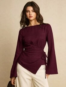Poéselle 女款純色露肩船領喇叭袖上衣，側綁帶不對稱下擺襯衫，秋冬休閒通勤上班穿搭，萬聖節造型 - 酒紅色 - 查看 3