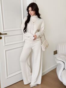 Feyla Women's Solid Color Turtleneck Long Sleeve Sweater And Knitted Pants Casual Set - Apricot - View 4