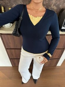 Dazy Plus Contrast Color Patchwork V-Neck Solid Color Sexy Elegant Long Sleeve T-Shirt - Navy Blue - View 7