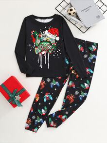 SHEIN 2件組兒童青少年男孩休閒日常舒適聖誕遊戲機印花圓領套頭上衣與長褲針織修身休閒套裝，日常穿著，四季適用，秋冬 - 黑色 - 查看 3