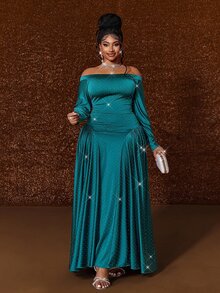Maweii Plus Size Women's Elegant Party Elegant Rhinestone Round Neck Long Sleeve Slim Fit Flattering Solid Color Dress - Green - View 3
