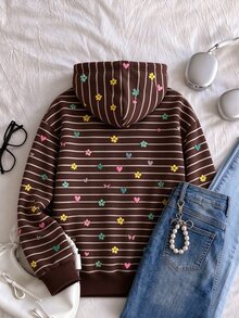 少女花卉愛心刺繡多色棕色條紋拉鍊連帽外套，長袖休閒連帽夾克，休閒復古秋冬穿搭 - 彩色 - 查看 2