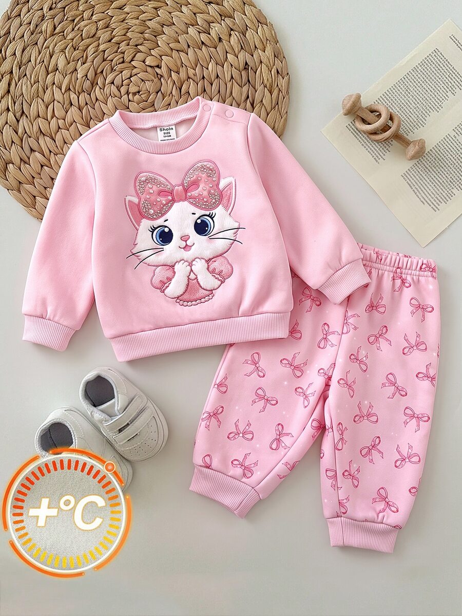 SHEIN 2pcs Newborn Girl Cute Pink Knitted Cartoon Pattern Sweatshirt And Elastic Waist Long Pants Set - Pink - View 1