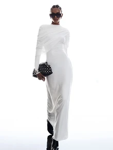 LYSMO Women's Designer Fashion Pleated Cape Dress Dinner Party White Elegant - White - View 7