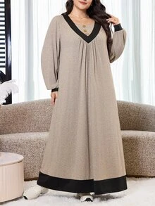 Al Najma Plus Size Women's Pleated Button Arabian Dress - Coffee Brown - View 7