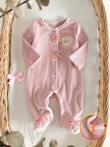 秋冬新生兒保暖內裡加厚絨毛可愛熊刺繡柔軟舒適粉色條紋長袖連身連腳家居服 - 粉色 - 查看 4