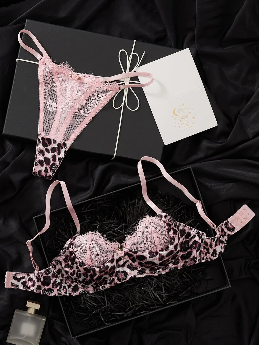 SHEIN Pink Underwire Pink Leopard Print Lace Trim Women's Lace Patchwork Lingerie Set 2pcs - Multicolor - View 1