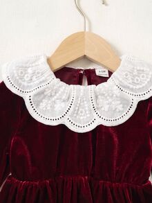 Baby Girl Velvet Thick Long Sleeve Ruched Waist Lace Embroidered Peter Pan Collar Loose Long Dress Suitable For Winter Christmas - Burgundy - View 4
