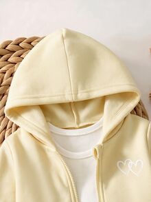 SHEIN 女嬰可愛灰色針織連帽秋季外套與彈性腰長褲套裝，愛心印花保暖冬季款 - 芥末黃 - 查看 2