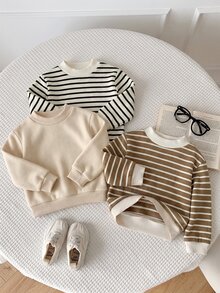 SHEIN 3件組嬰兒男/女童休閒基礎條紋圓領衛衣，秋冬中性嬰兒服飾 - 彩色 - 查看 8