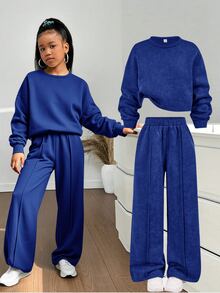 SHEIN 青少年女孩酸洗寬鬆衛衣與百褶寬腿運動長褲 2 件套，棕色調，秋季休閒校園開學咖啡色系穿搭 - 藍色 - 查看 1
