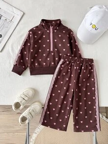 SHEIN 2件組 春/秋季女嬰運動休閒甜美套裝，愛心印花前襟半拉鍊立領長袖運動衫搭配同材質寬鬆休閒寬腿褲，適合日常外出、上學及各種場合 - 棕色 - 查看 2