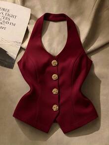 Franclia Women's Summer Elegant Front Button Backless Halter Neck Top - Burgundy - View 3