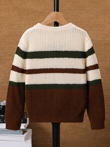 男嬰休閒百搭拼色條紋圓領套頭長袖針織衫，適合通勤、上學、日常休閒、度假、旅行、運動，秋冬款 - 杏色 - 查看 2