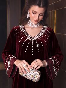 Al Najma Women's Autumn Winter VNeck Beaded Burgundy Velvet Elegant Dress Velvet Burgundy Vintage Fall/Winter Christmas New Year - Burgundy - View 1