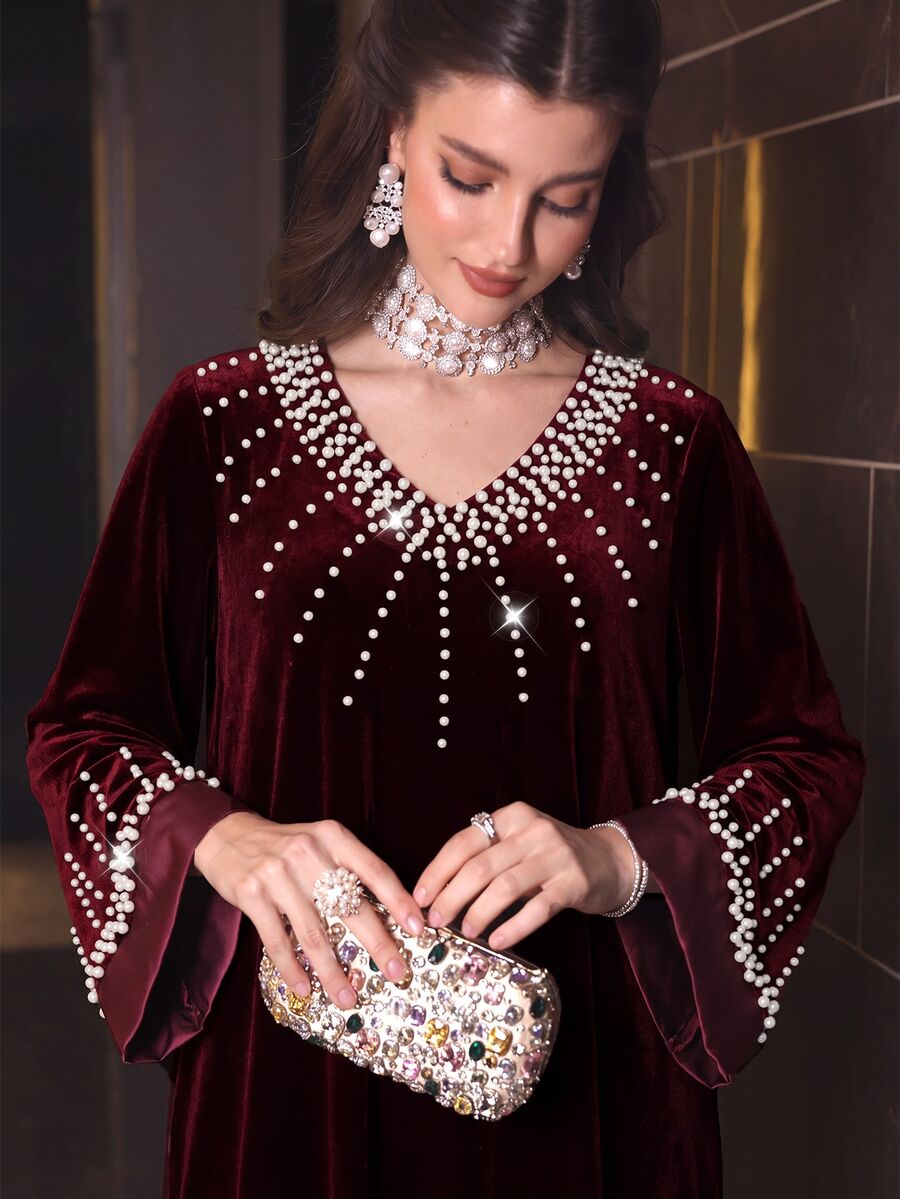 Al Najma Women's Autumn Winter VNeck Beaded Burgundy Velvet Elegant Dress Velvet Burgundy Vintage Fall/Winter Christmas New Year - Burgundy - View 1
