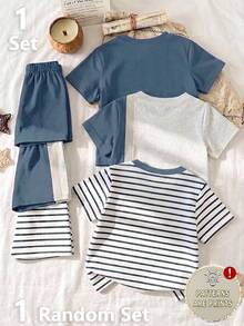 Young Boys 1 Set Random Summer Outfits, Toddler Cute Horse Rider Graphic Striped Short Sleeve T-Shirt And Shorts Matching Clothing Bundle Only 1 Set - Multicolor - View 2