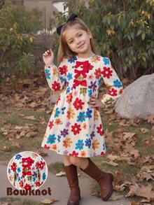 Tween Girl Floral Pattern Bow Decor Round Neck Long Sleeve Cute Dress - Red - View 6