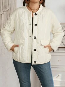 EMERY ROSE Plus Size Comfortable Winter Button Long Sleeve Padded Coat - Multicolor - View 6