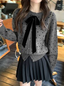 DAZY Cardigan Kasual Wanita Motif Polkadot dengan Hiasan Pita - Grey - View 3