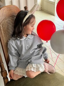 DAZY Baby Girl Contrast Lace Button Half-Placket Long Sleeve Sweatshirt And Shorts Cute Set - Light Grey - View 6