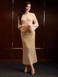 MOTF PREMIUM WOMEN'S APRICOT LONG SLEEVE SWEATER AND KNITTED SKIRT 2 PIECES SET FOR AUTUMN/WINTER, CASUAL AND DATE WEAR - Apricot - View 4