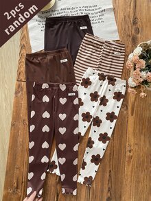 SHEIN [2pcs Randomly Sent]5pcs Randomly Sent 2pcs Spring All Season Girls Polka Dot Heart Stripe Floral Sweet Cute Versatile Soft Comfortable Ribbed Knit Leggings Multi-Piece Set - Multicolor - View 3