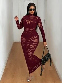 Maweii Plus Size Women Sexy Hollow Out Date Party Dress Fall - Burgundy - View 6