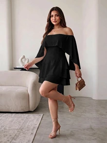 Hourglow Plus Size Women's Off Shoulder Cape Sleeve Mini Dress, Waist-Defining Layered Ruffle Elegant Party Dress For Shape - Black - View 6