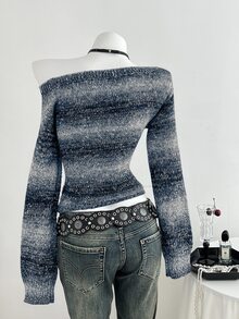 Elamini 女款黑色秋冬獨特不對稱肩拼接色塊條紋亮片針織毛衣，收腰喇叭袖，1件裝 - 藏蓝色 - 查看 2