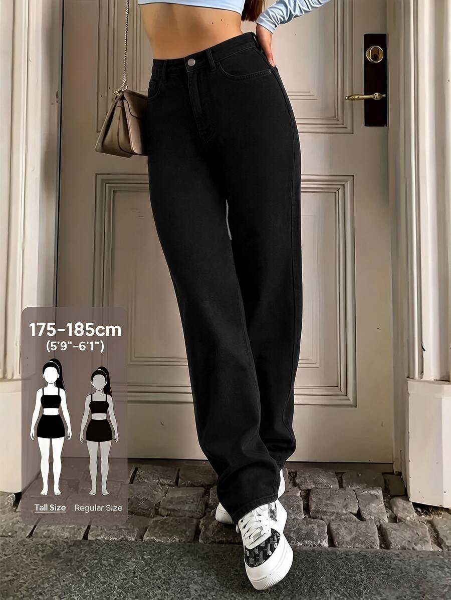 SHEIN Tall 女款百搭日常鈕扣口袋牛仔褲 - 黑色 - 查看 1