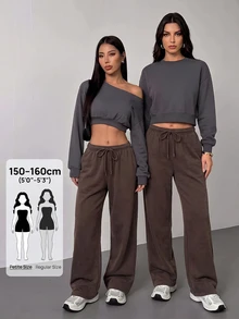SHEIN PETITE Women's Casual Streetwear Athleisure Low-Waist Straight Sweatpants Suitable For Summer Washed Wide Leg Comfy Oversized Lounge Work Petite Dark Grey - Coffee Brown - View 2
