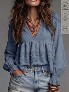 SHEIN Flounce Sleeve Contrast Lace Peplum Blouse - Dusty Blue - View 1