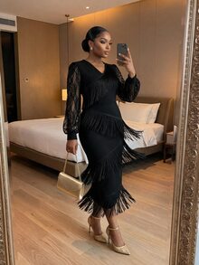 SHEIN Lady Plus Size Women's V-Neck Lace Patchwork Tassel Design Casual Party Dress - Black - View 6